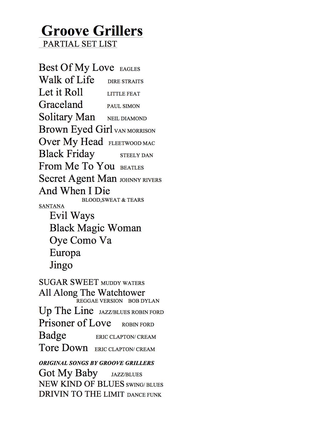 The Groove Grillers songlist